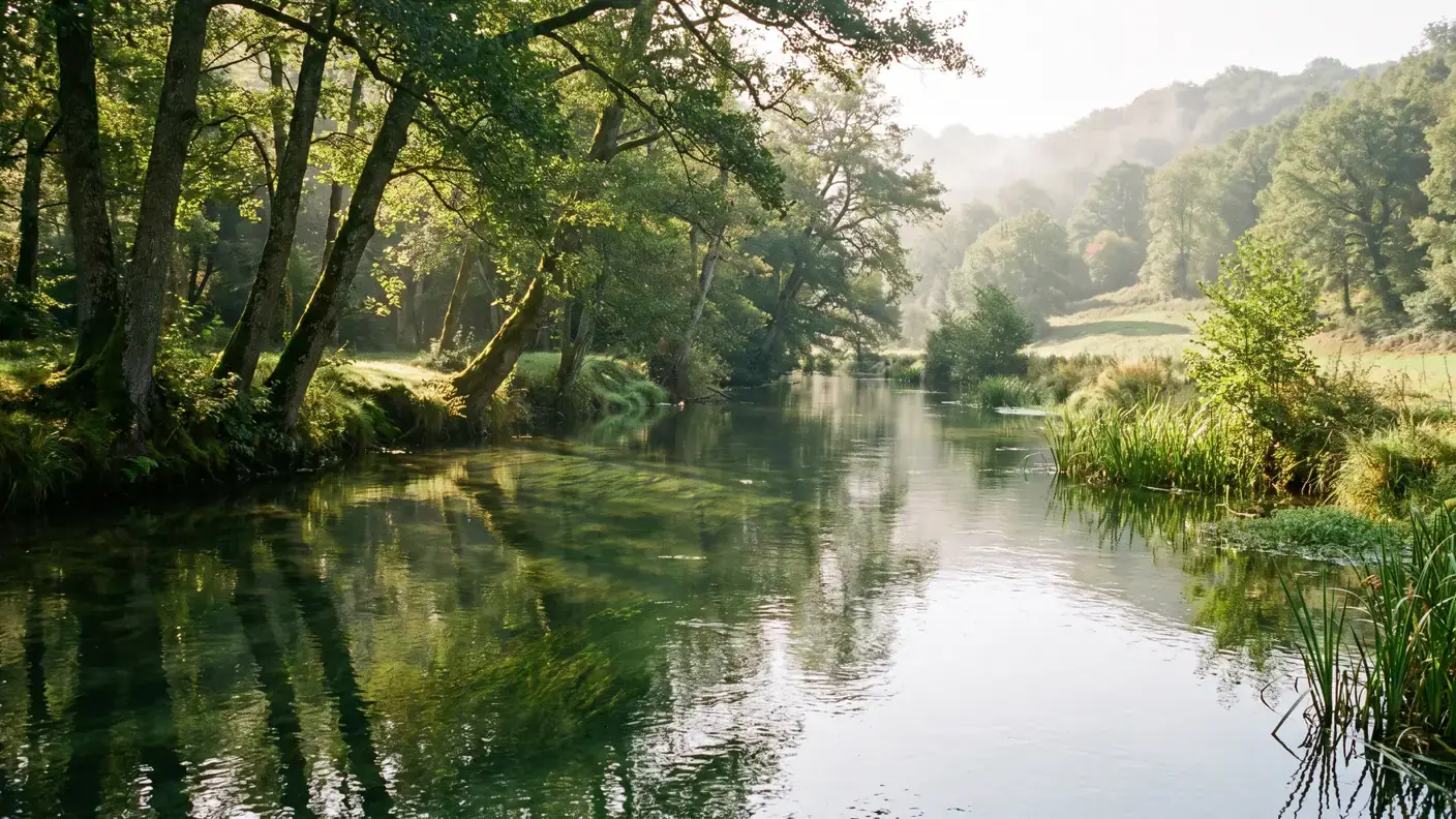 La Gélise, petite rivière verte serpentant dans un sous-bois près de Réaup-Lisse, berges moussues et reflets
