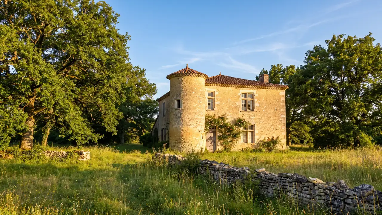 Petit manoir gascon en pierre miel à Réaup-Lisse, une tour d'angle basse, toit de tuiles, entouré de chênes et de prés