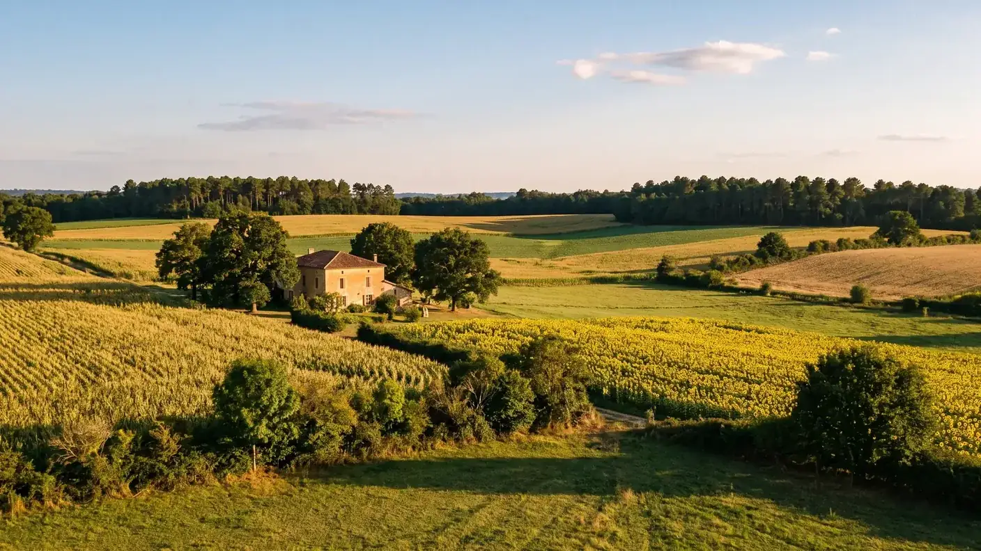 Campagne vallonnée en lisière de forêt près de Réaup-Lisse, champs, haies et ligne de pins sombres à l'horizon