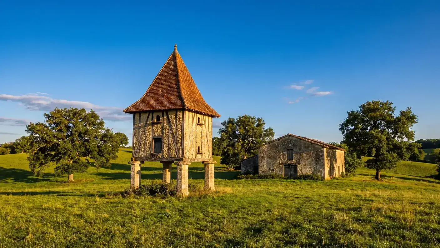 Pigeonnier gascon traditionnel en pierre et bois sur piliers près de Réaup-Lisse, toit de tuiles, ferme et chênes