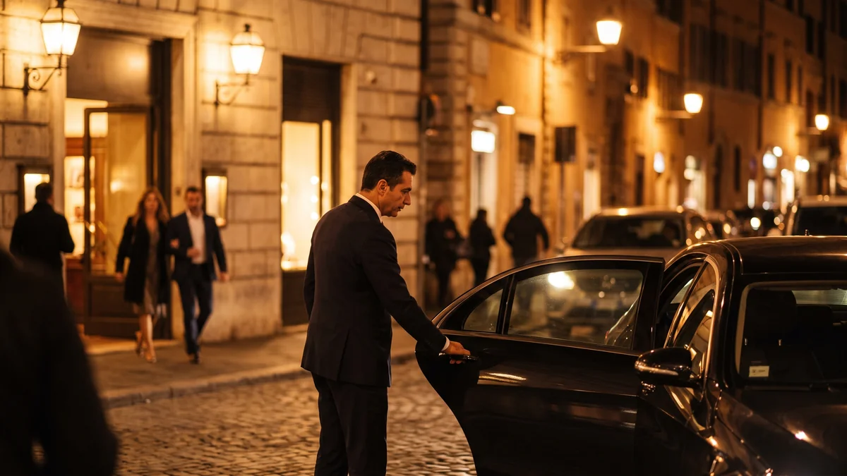 Chauffeur VTC de nuit ouvrant la portière d'une berline noire pour une soirée à Bordeaux