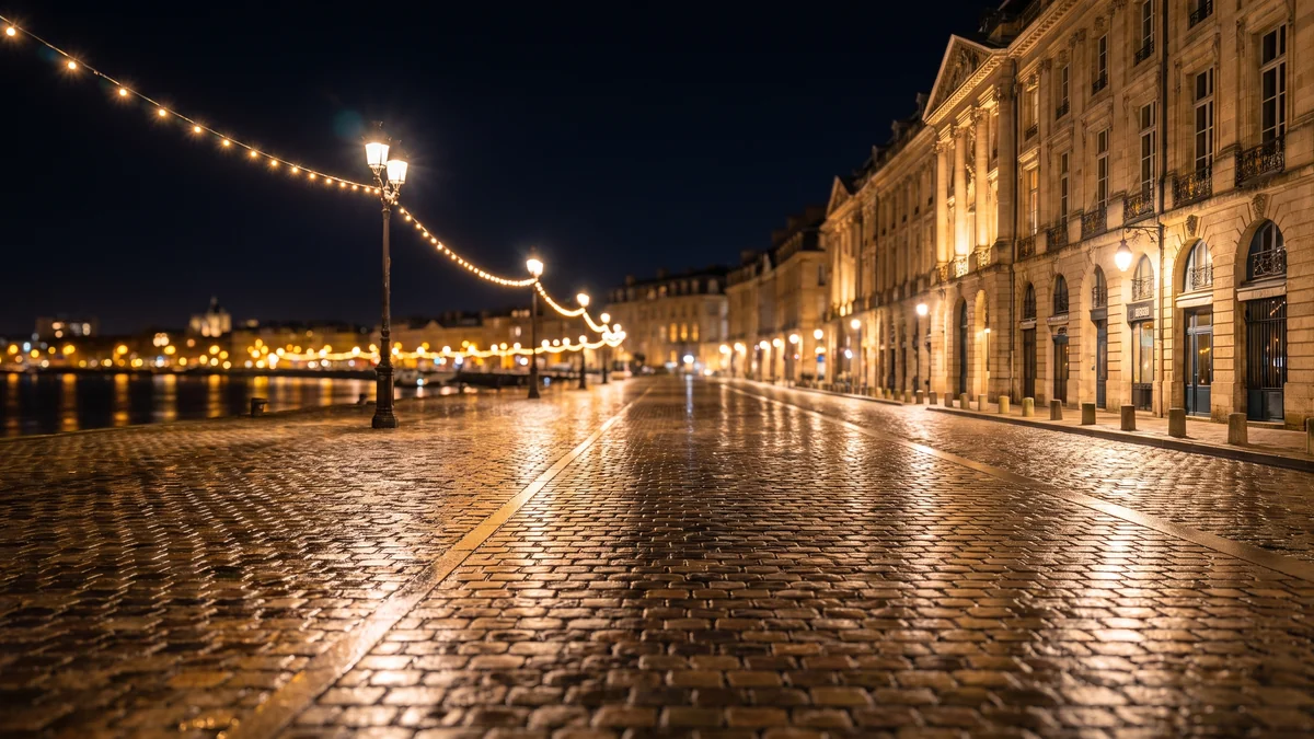 Berline VTC de nuit devant les clubs et restaurants du Quai de Paludate à Bordeaux