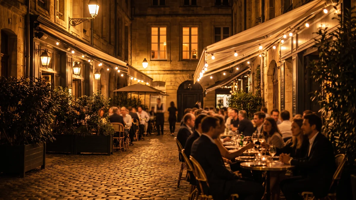 Terrasses animées et éclairées de nuit dans un quartier festif de Bordeaux