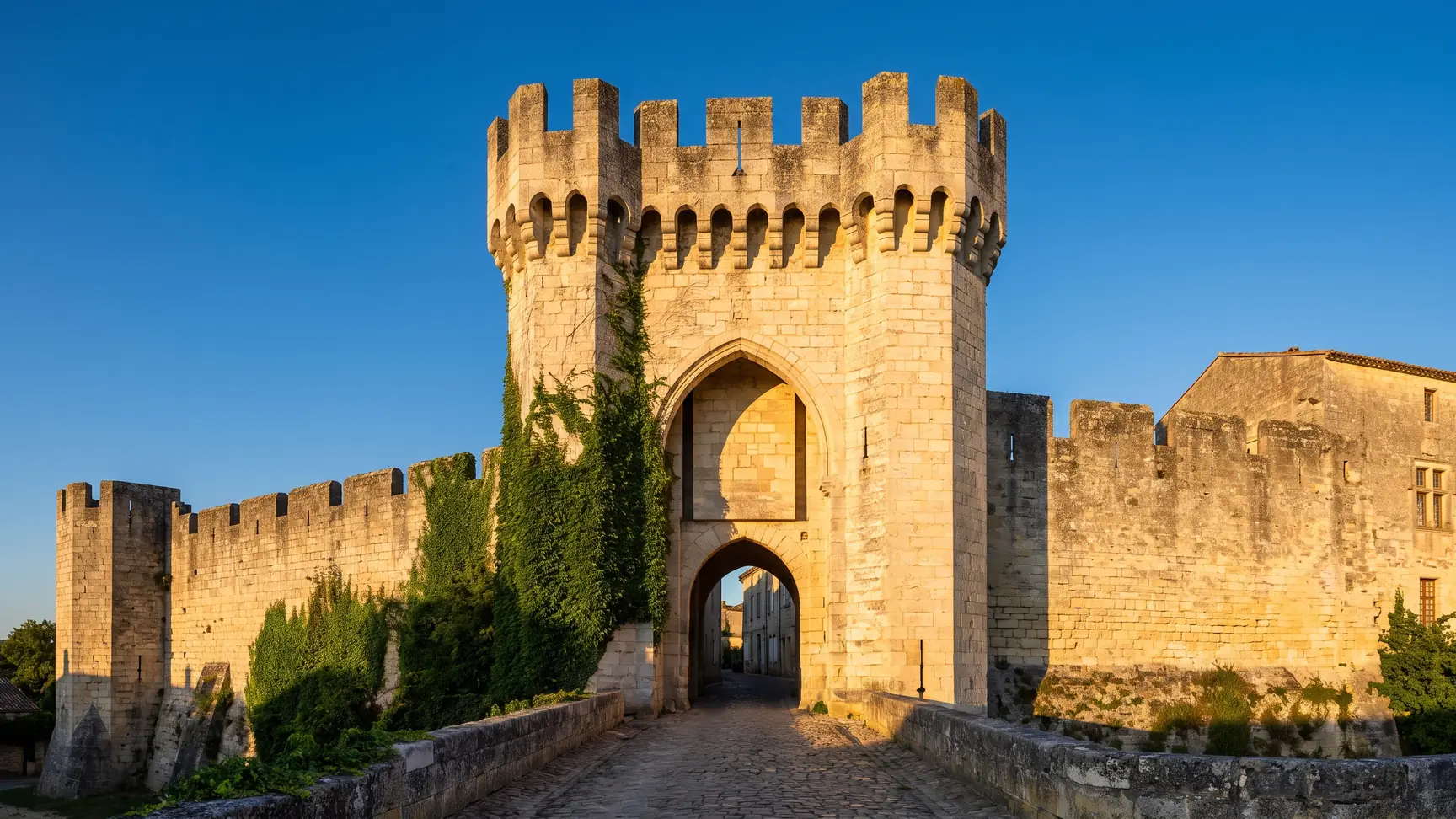 Une imposante porte fortifiée médiévale à mâchicoulis et créneaux, à l'entrée d'un village clos de Gironde
