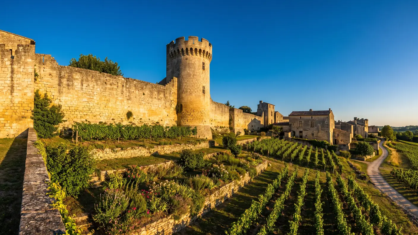 Une portion de remparts médiévaux et une tour crénelée en pierre dorée dominant des vignes, en Gironde