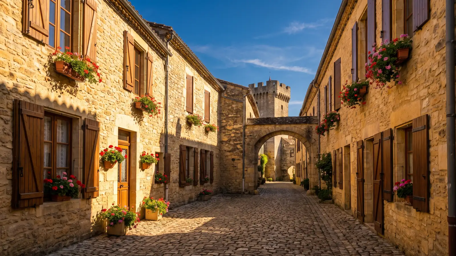 Une ruelle pavée médiévale bordée de maisons de pierre dorée, une tour fortifiée au bout, en Gironde