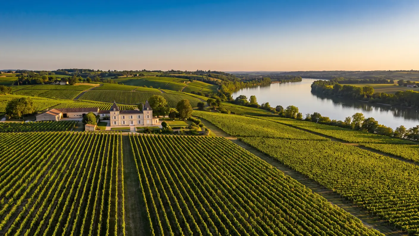 Des rangs de vignes sur les coteaux dominant la vallée de la Garonne, un château viticole en pierre claire, en Gironde