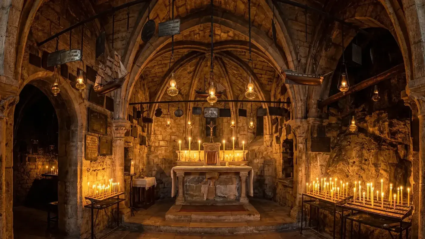 Chapelle de Rocamadour éclairée par des cierges et des ex-voto