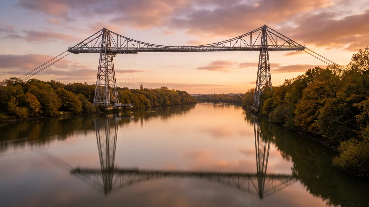 Le pont transbordeur du Martrou à Rochefort, haute structure d'acier en treillis enjambant la Charente au couchant