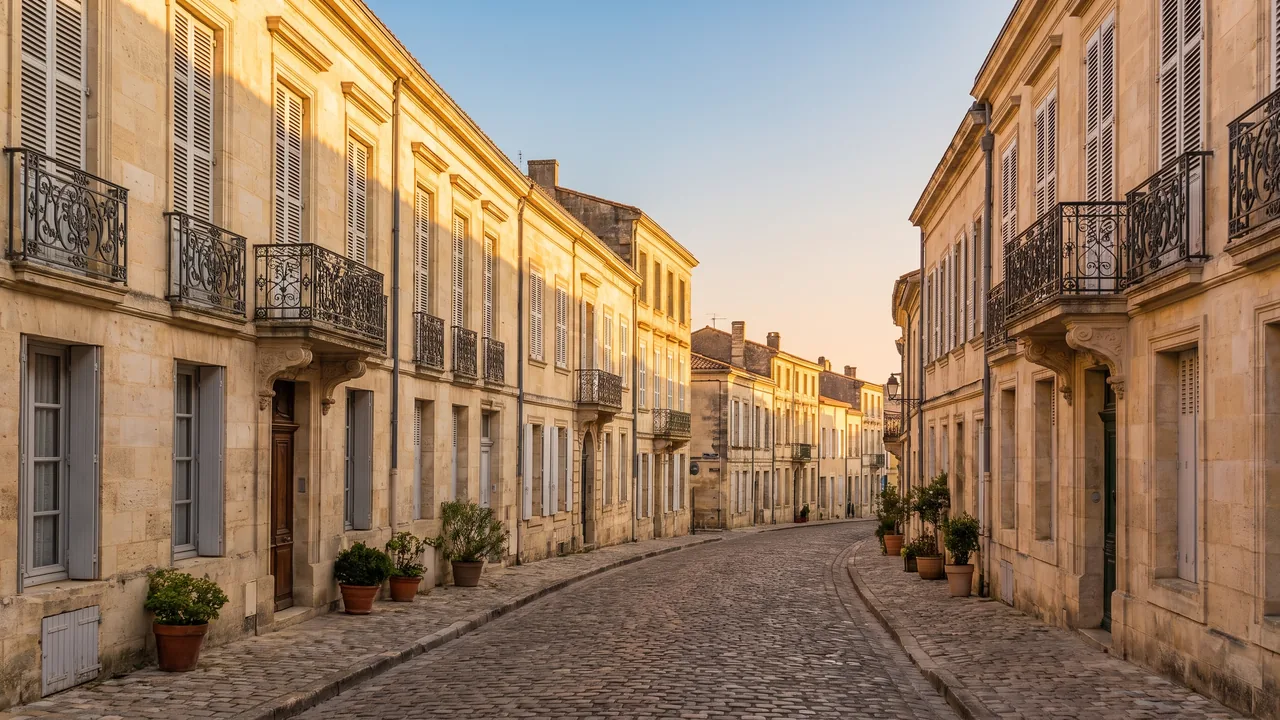 Rue de la vieille ville de Rochefort, maisons de pierre du XVIIIe siècle à hauts volets et balcons de fer forgé