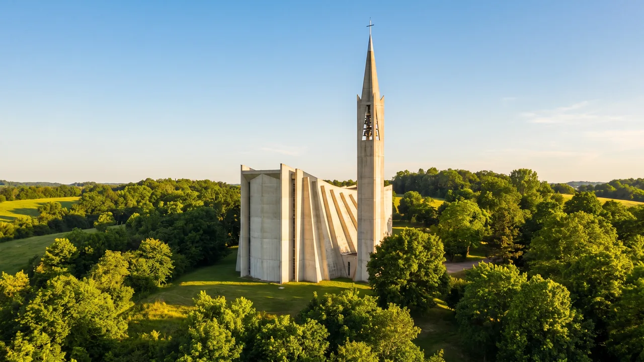 L'église Notre-Dame de Royan, vaisseau de béton brut aux nervures verticales élancées et clocher effilé, contre un ciel clair