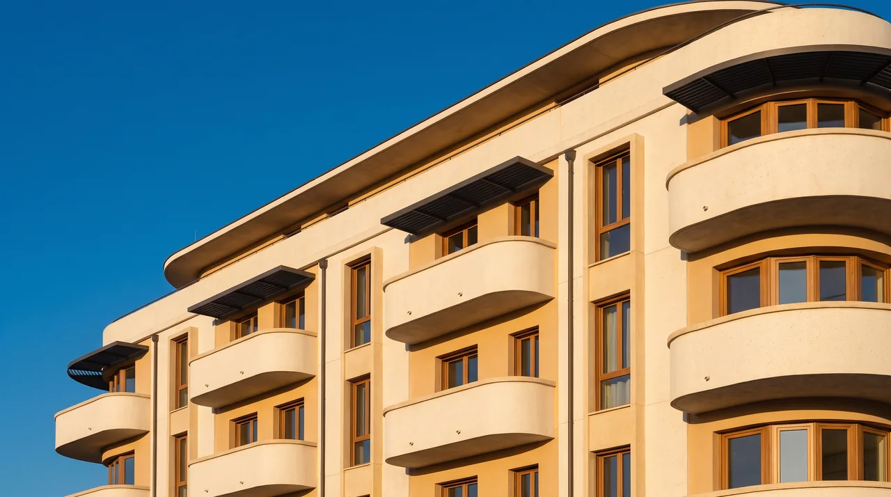 Façade incurvée d'un immeuble de la Reconstruction à Royan, rangées de balcons arrondis en béton clair sous un ciel chaud