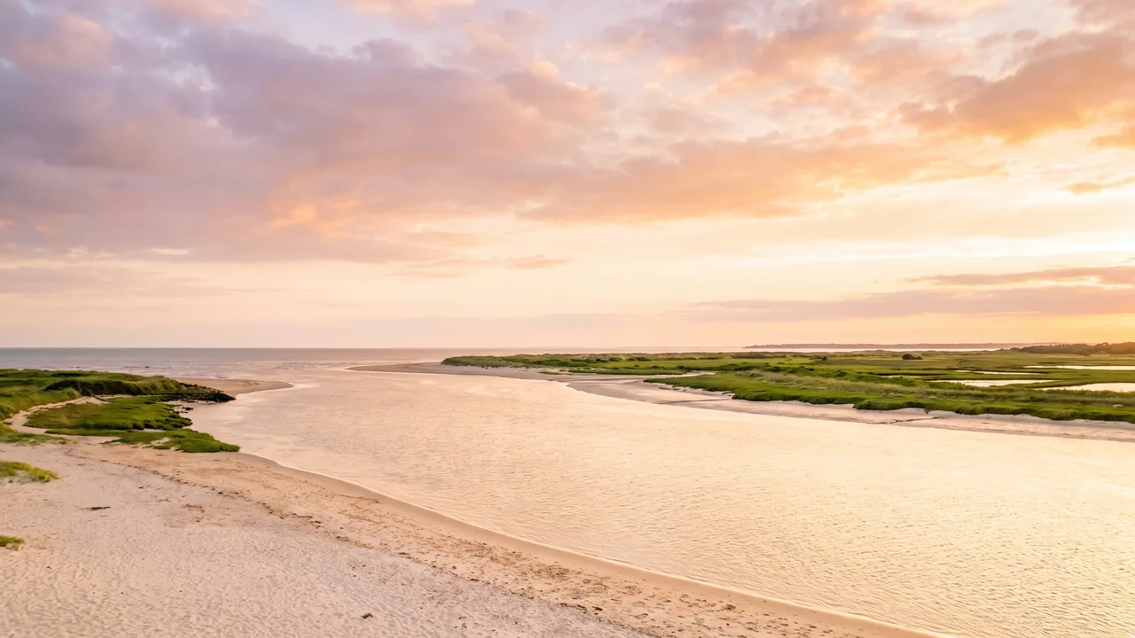 L'embouchure lumineuse de la Gironde rencontrant l'Atlantique au soleil couchant, rivage de sable clair et vaste ciel doux