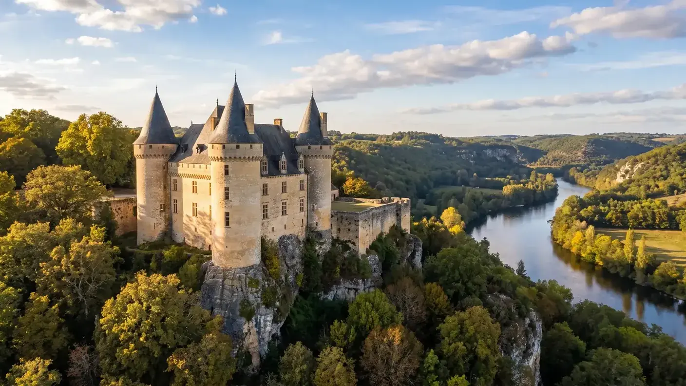 Château de Rochechouart dominant une vallée boisée
