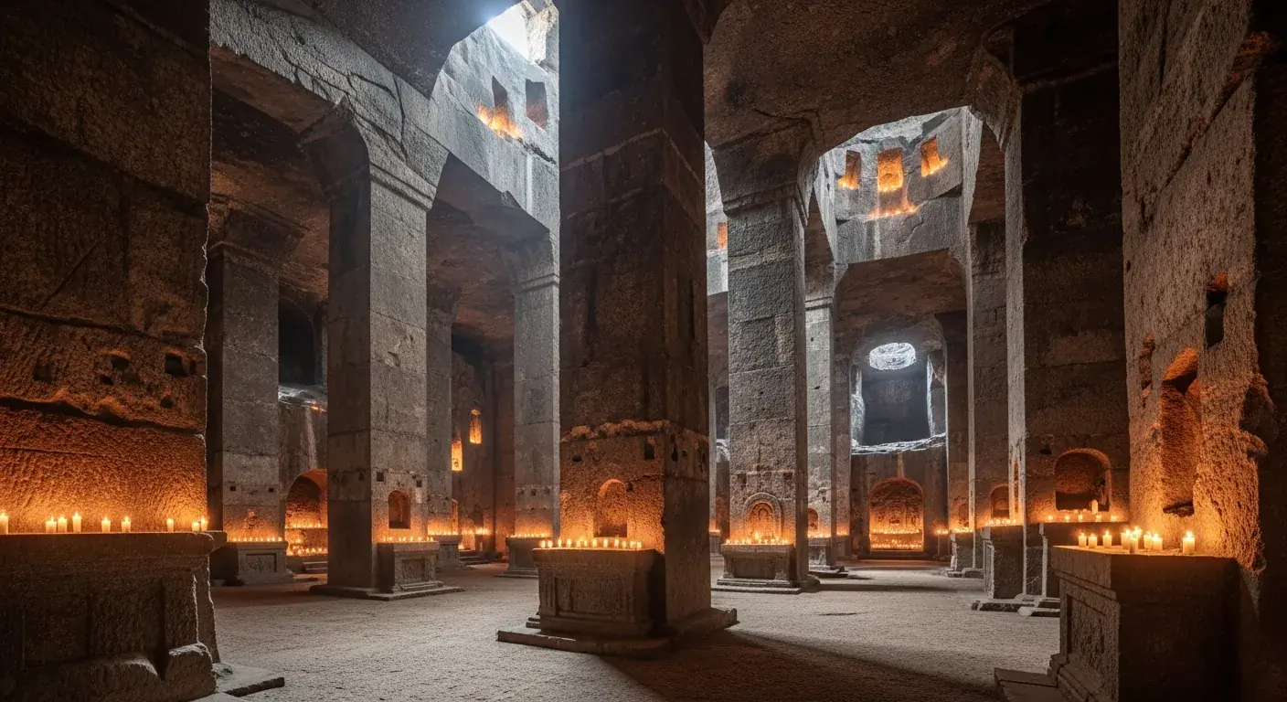 Intérieur de l'église monolithe de Saint-Émilion, plus grande église souterraine d'Europe creusée au XIe siècle