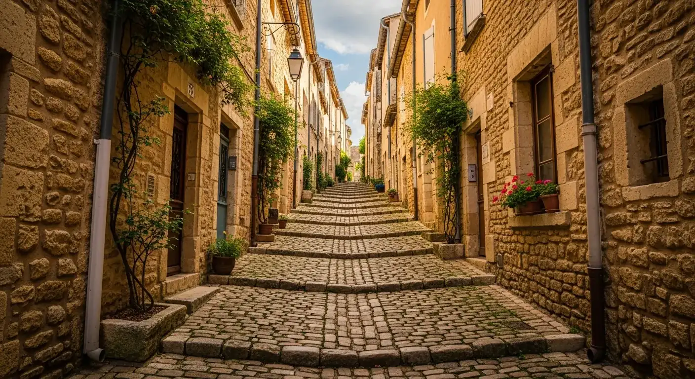 Les Tertres, ruelles pavées en pente du village médiéval de Saint-Émilion avec maisons en pierre blonde