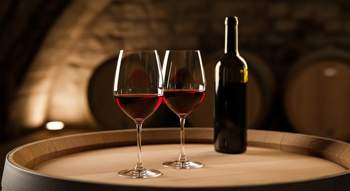 Dégustation de vins rouges Saint-Émilion Grand Cru dans un chai traditionnel avec barriques de chêne