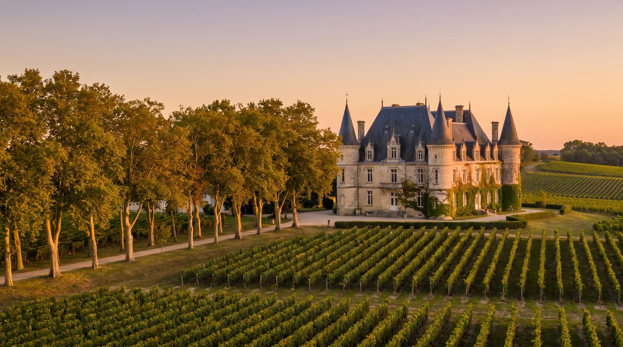 Grand château viticole du Médoc en pierre claire, tours et avenue d'arbres, entouré de vignes, lumière chaude