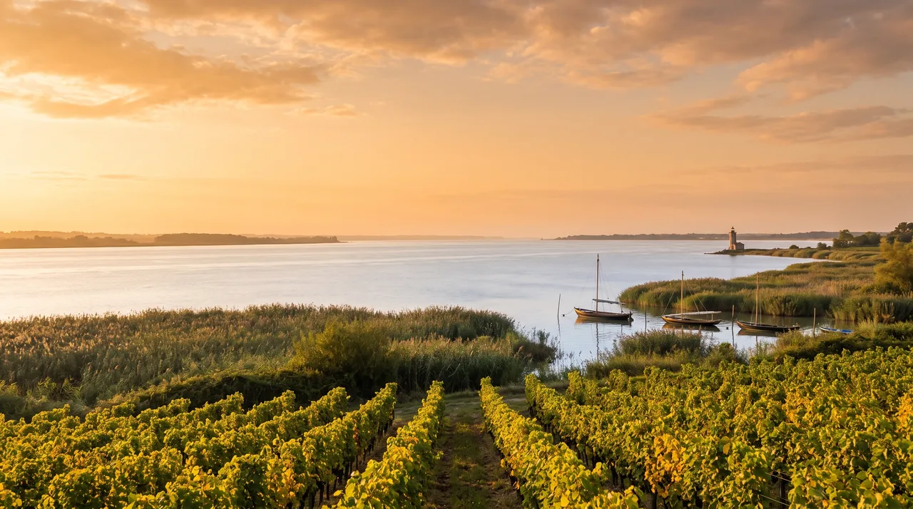 Vaste estuaire de la Gironde au soleil couchant vu d'une rive de vignes à Saint-Estèphe, eau argentée et bancs de roseaux
