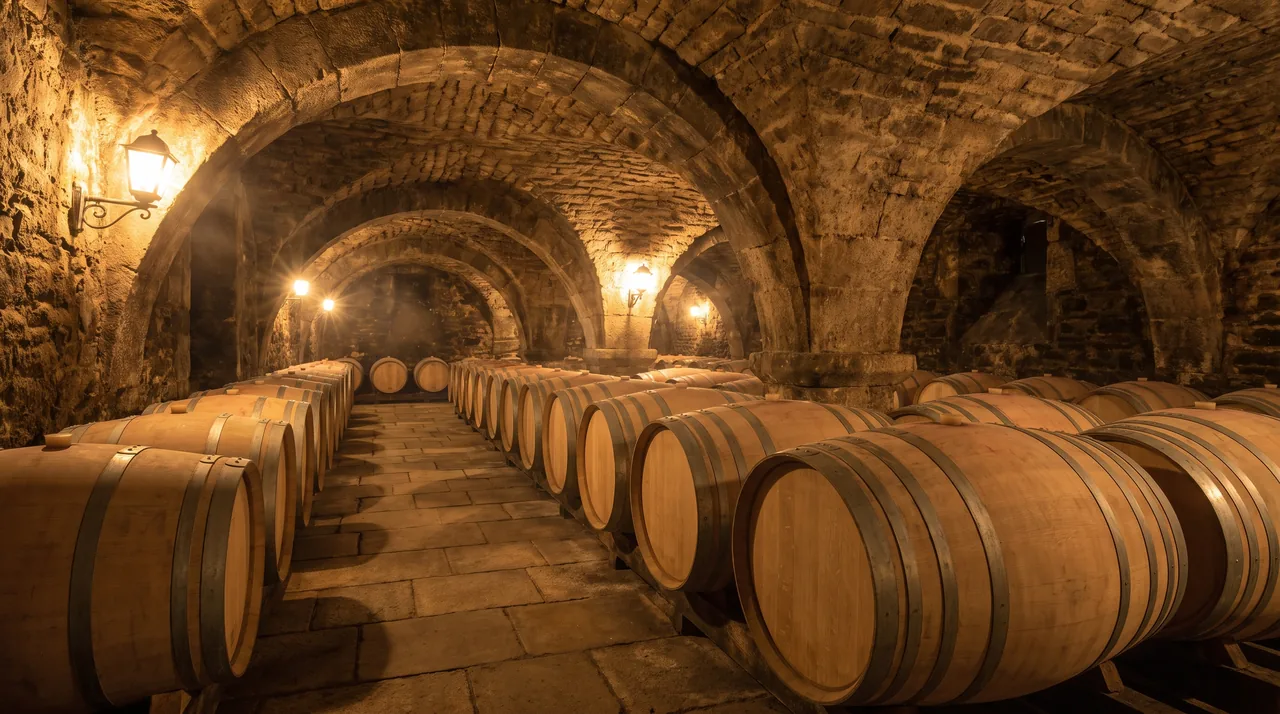 Barriques de chêne neuves alignées dans un chai voûté en pierre à Saint-Estèphe, lumière chaude tamisée sur le bois