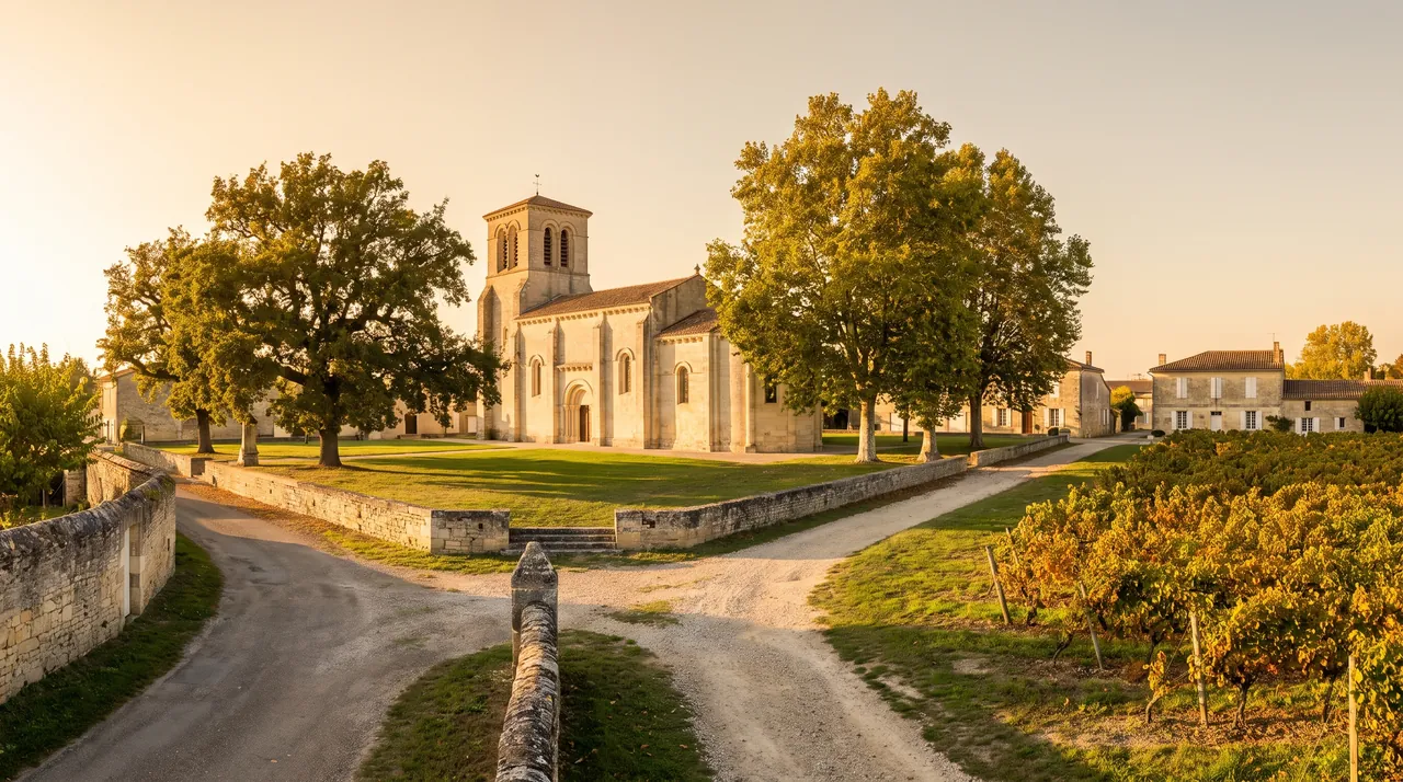 Église de village en pierre claire à clocher carré parmi de vieux arbres à Saint-Estèphe, place déserte, lumière chaude