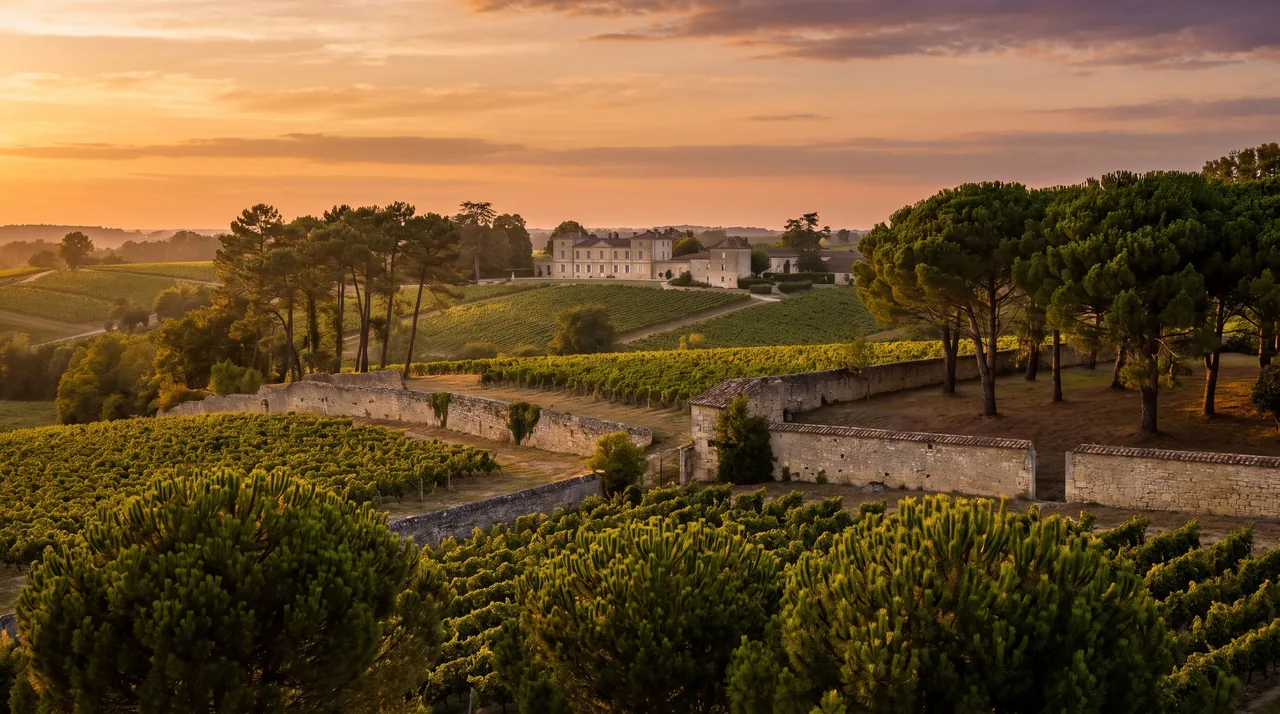 Campagne du Médoc près de Saint-Estèphe au coucher du soleil, vignes, haies, pins maritimes et un domaine de pierre au loin