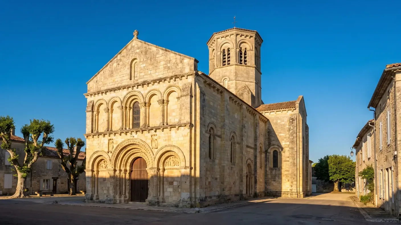 Une église romane saintongeaise en pierre calcaire claire, façade sculptée à arcades en plein cintre et portail à voussures