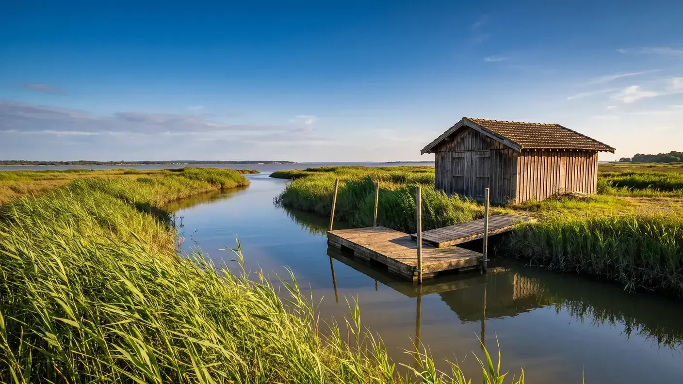 Un petit port de pêche sur un chenal bordé de roseaux verts près de l'estuaire de la Gironde