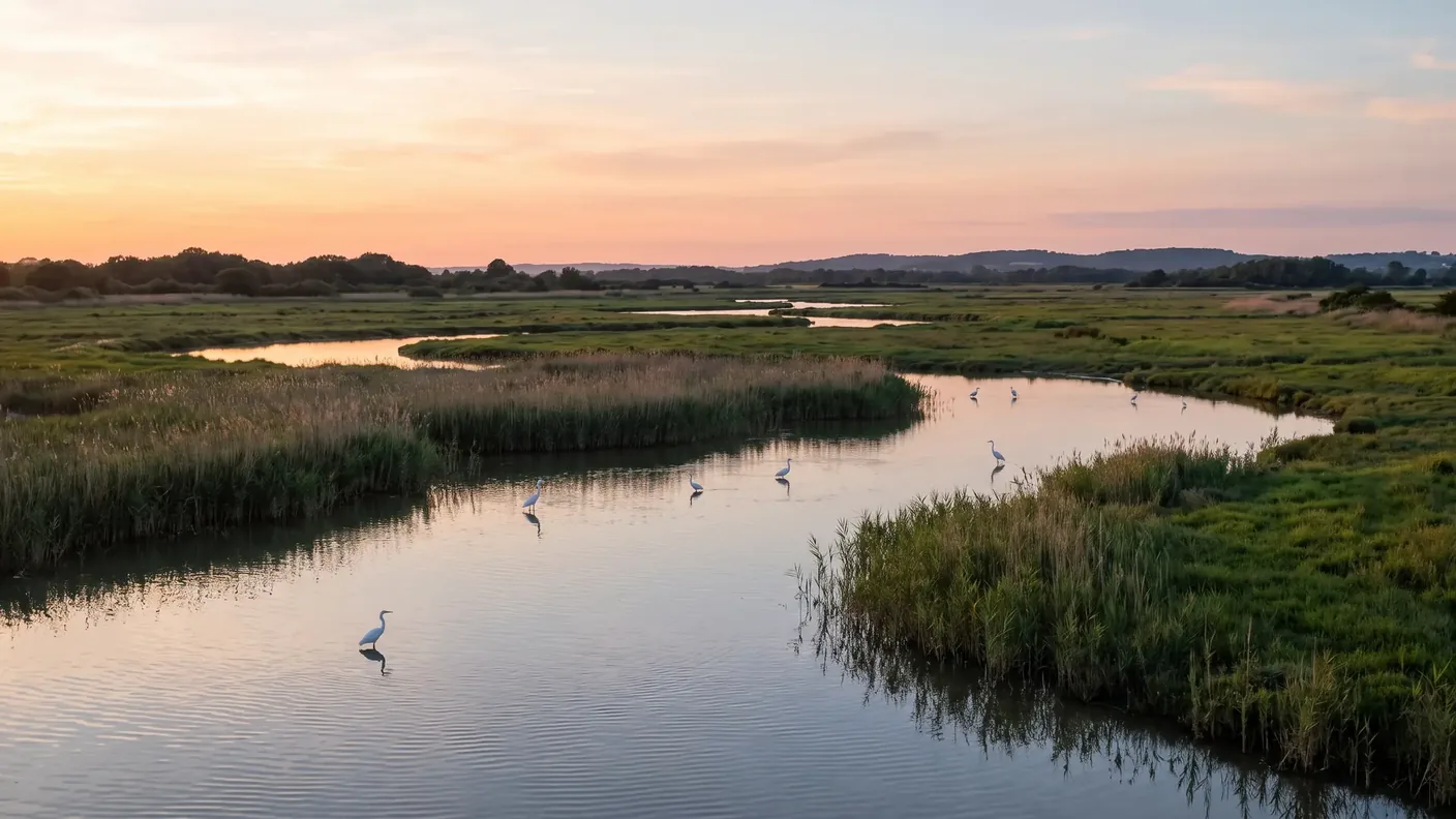 Des marais estuariens au crépuscule au bord de l'estuaire de la Gironde, méandres d'eau, roseaux