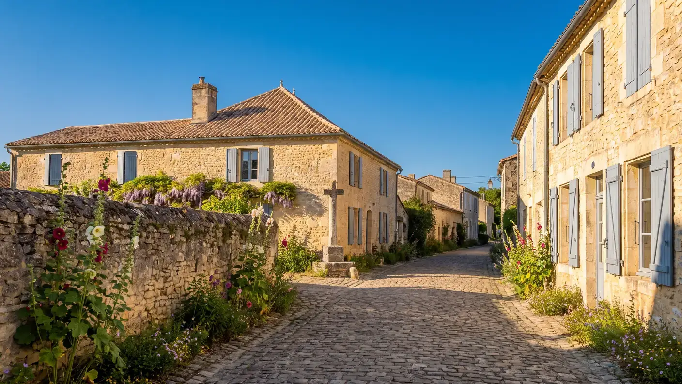 Une ruelle de pierre calcaire dorée dans un hameau de la Saintonge, maisons à volets bleu-gris et toits de tuiles