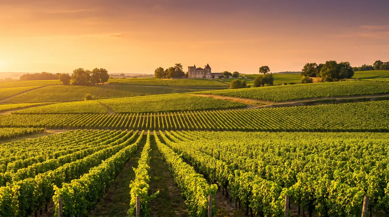 Rangs de vignes de Fronsac sur des coteaux argilo-calcaires au soleil couchant, château de pierre au loin