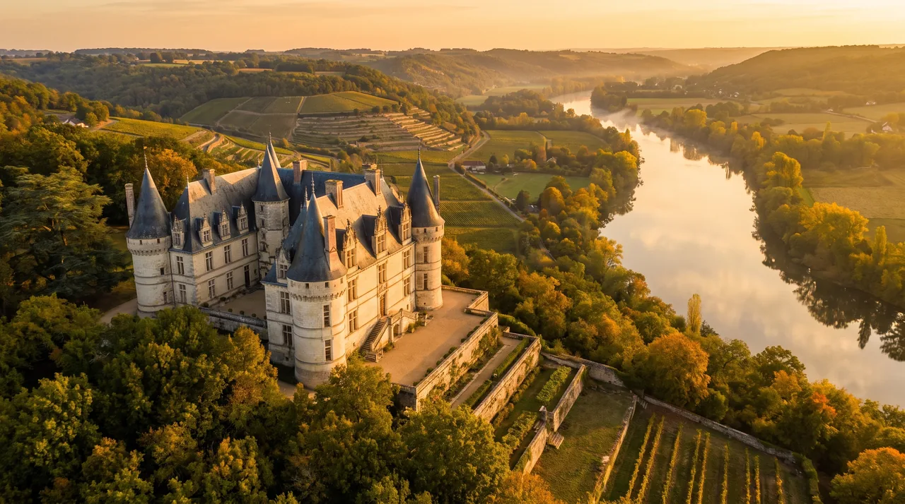 Grand château de pierre claire à tourelles perché sur une colline boisée dominant la vallée de la Dordogne, lumière chaude