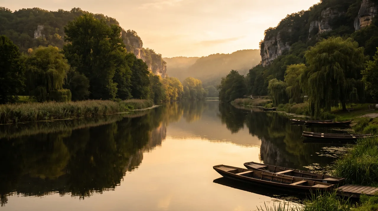 La Dordogne calme au soleil couchant au pied de falaises calcaires boisées, saules et roseaux au bord de l'eau