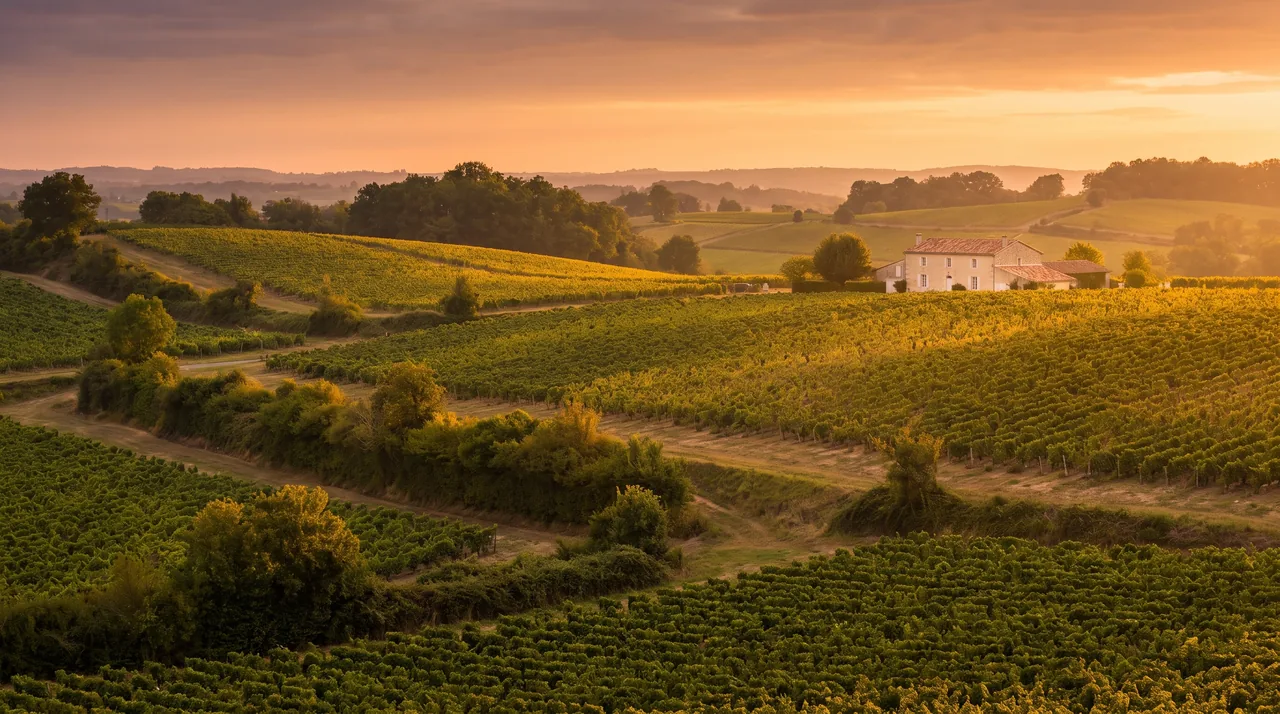 Campagne vallonnée du Fronsadais près de Saint-Germain-de-la-Rivière au coucher du soleil, vignes, haies et ferme au loin