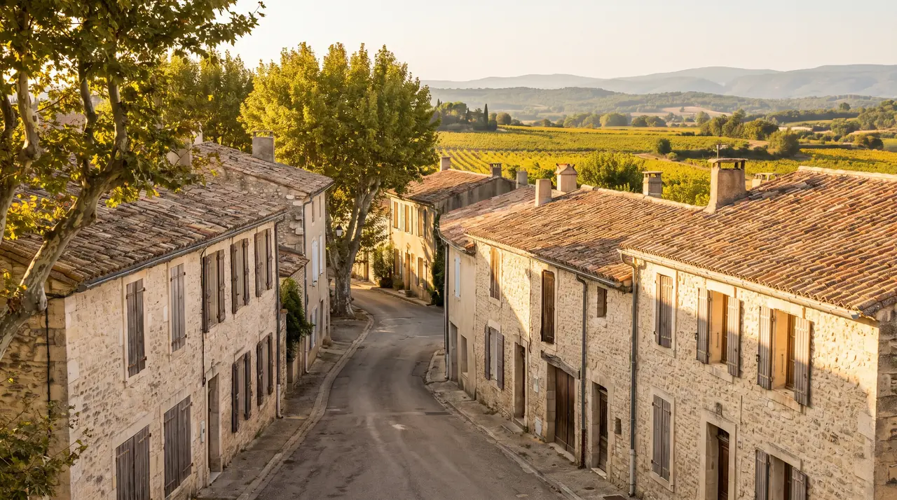 Ruelle tranquille d'un hameau de pierre du Fronsadais, maisons claires à volets et toits de tuiles, sans voiture
