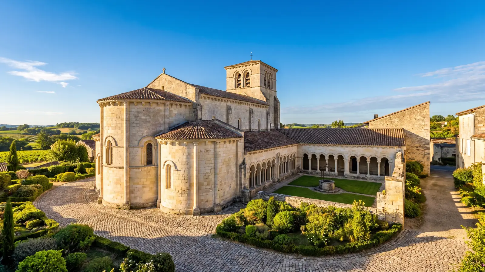 Une église romane et gothique en pierre flanquée d'un cloître à colonnes et arcs en plein cintre, autour d'un jardin