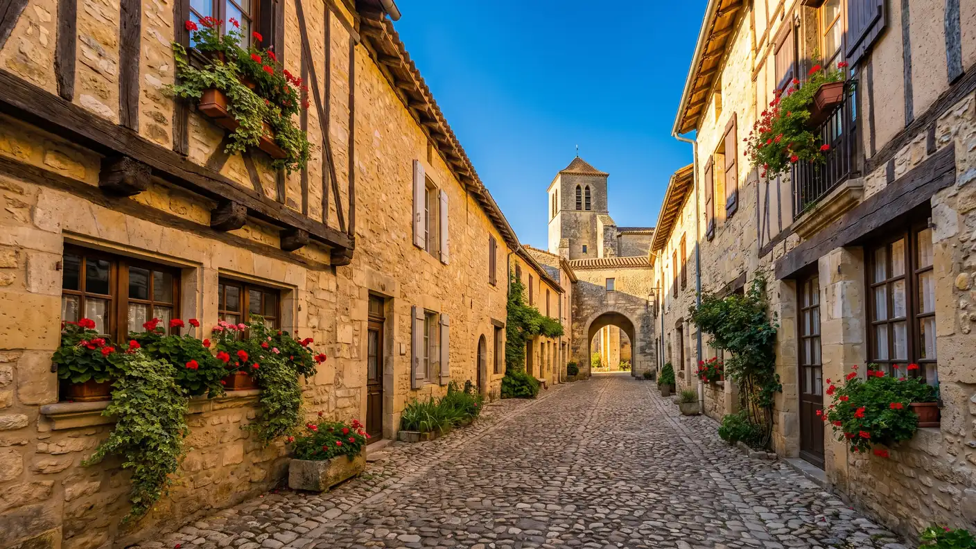 Une ruelle pavée médiévale bordée de maisons de pierre en Gironde, passage voûté et clocher au bout, fleurs aux fenêtres
