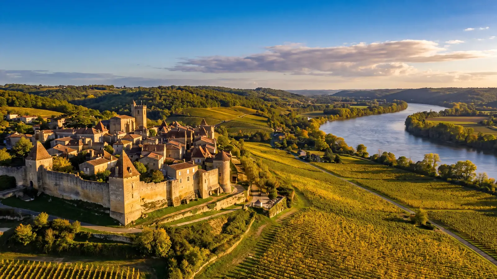 Un panorama d'une cité médiévale close dominant la Garonne et les vignes de l'Entre-deux-Mers, remparts et clocher