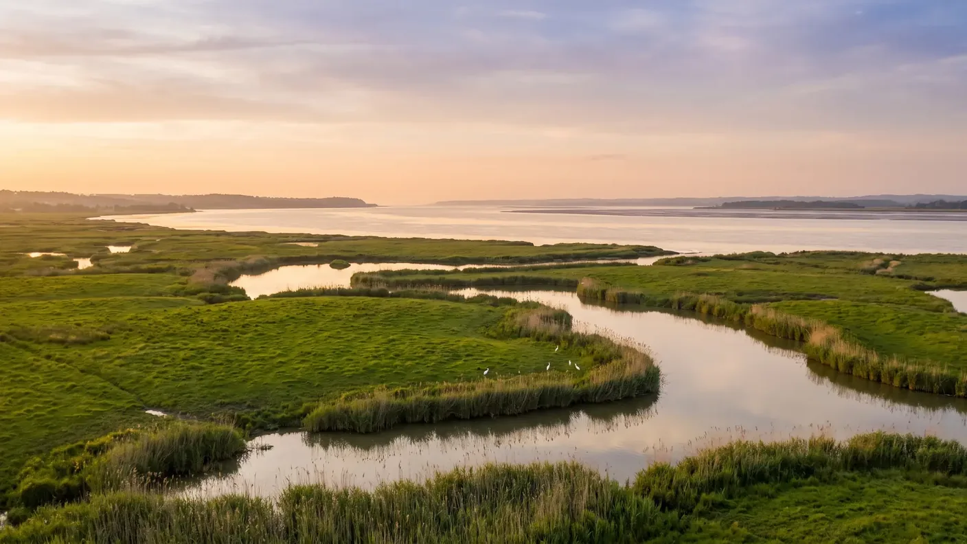 Des marais et prairies humides sinueux au bord de l'estuaire de la Gironde en Charente-Maritime, chenaux et roselières
