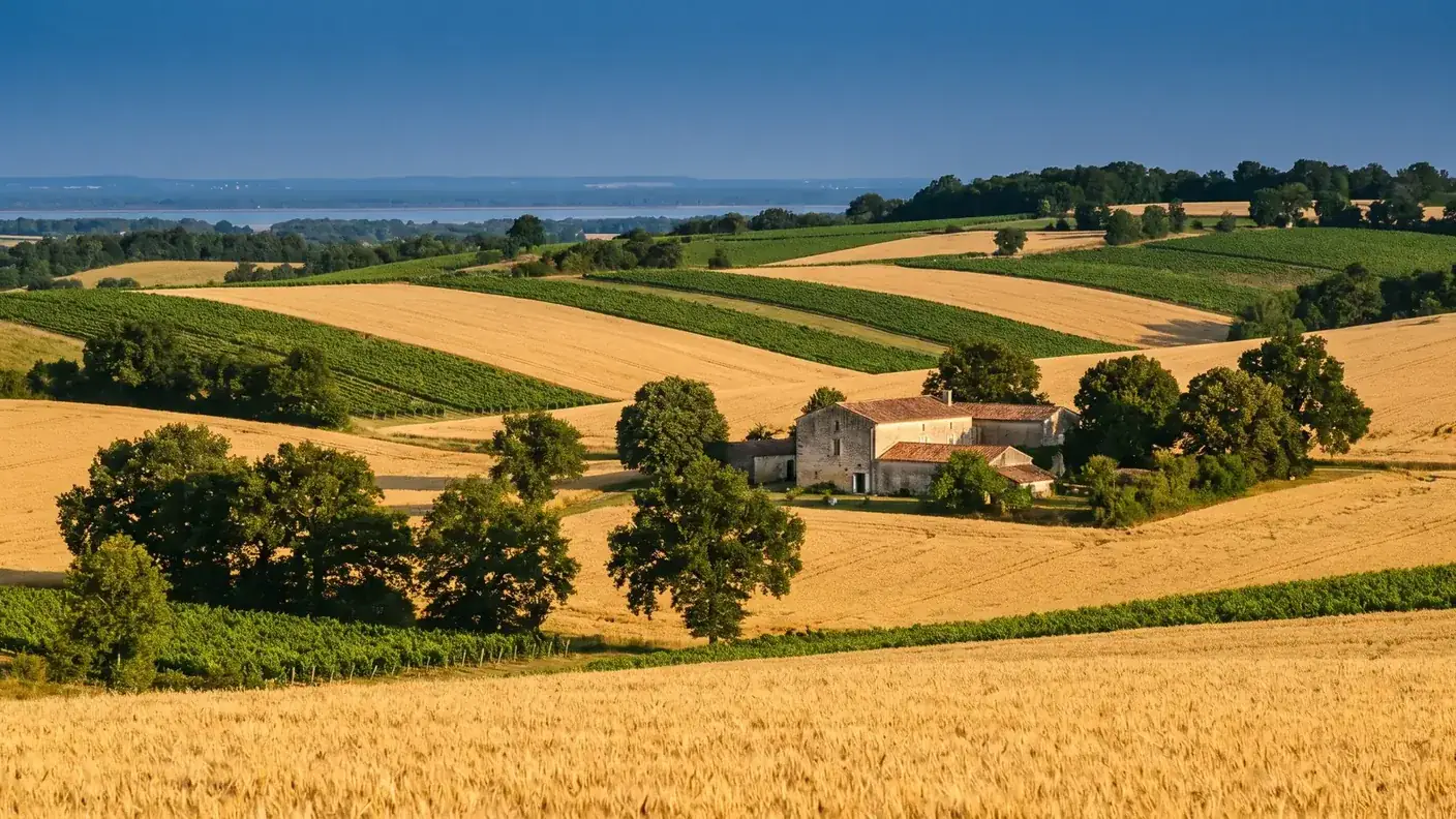 Un patchwork de champs de céréales dorés et de vignes sur des collines vallonnées de Charente-Maritime