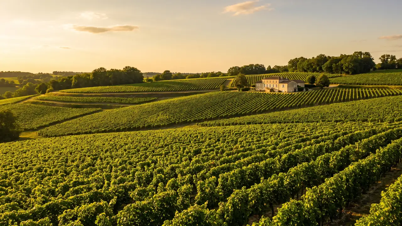 Des vignes de Bordeaux sur des coteaux de l'Entre-deux-Mers en fin d'été, un domaine de pierre claire parmi les vignes