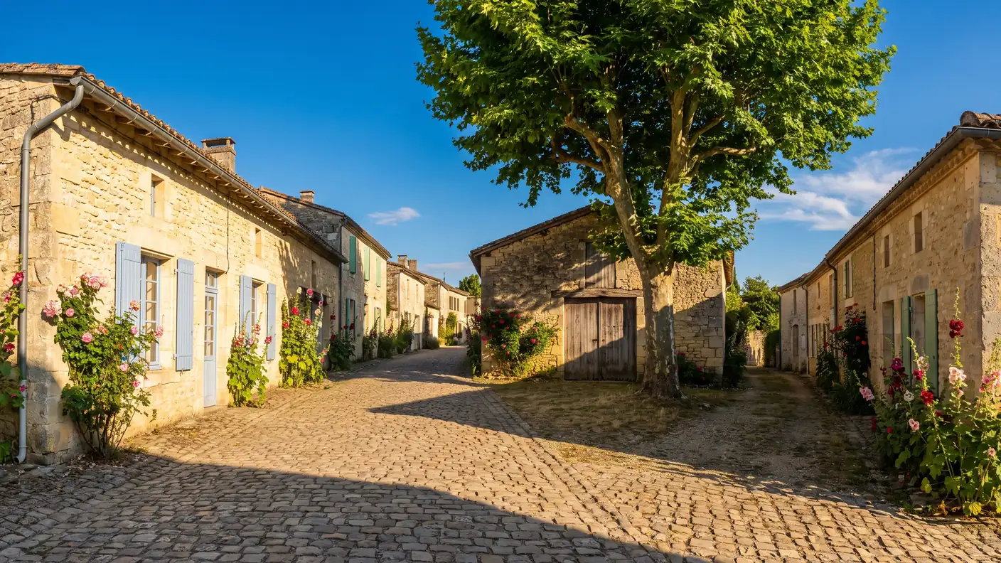 Une ruelle d'un village de pierre de l'Entre-deux-Mers, maisons basses de calcaire clair à volets pastel et roses trémières