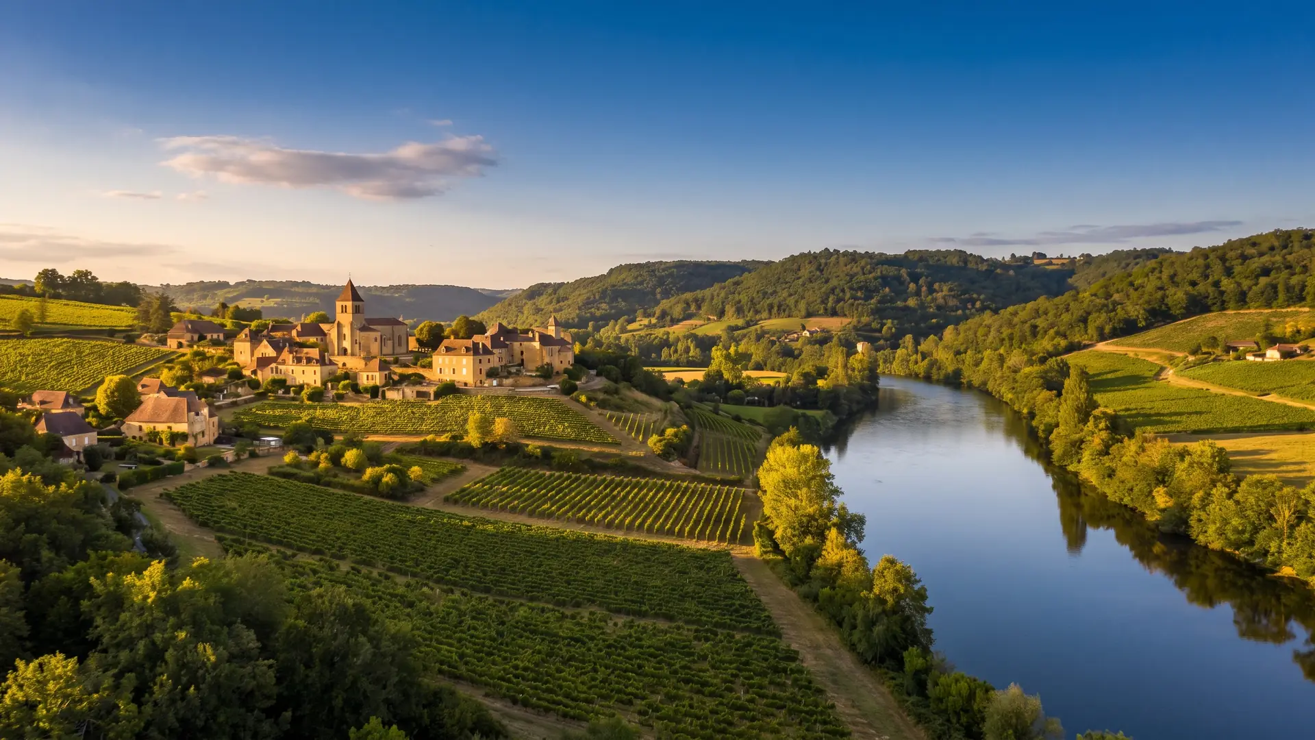 La vallée de la Dordogne près de Castillon, un fleuve calme longeant des coteaux de vignes au coucher du soleil