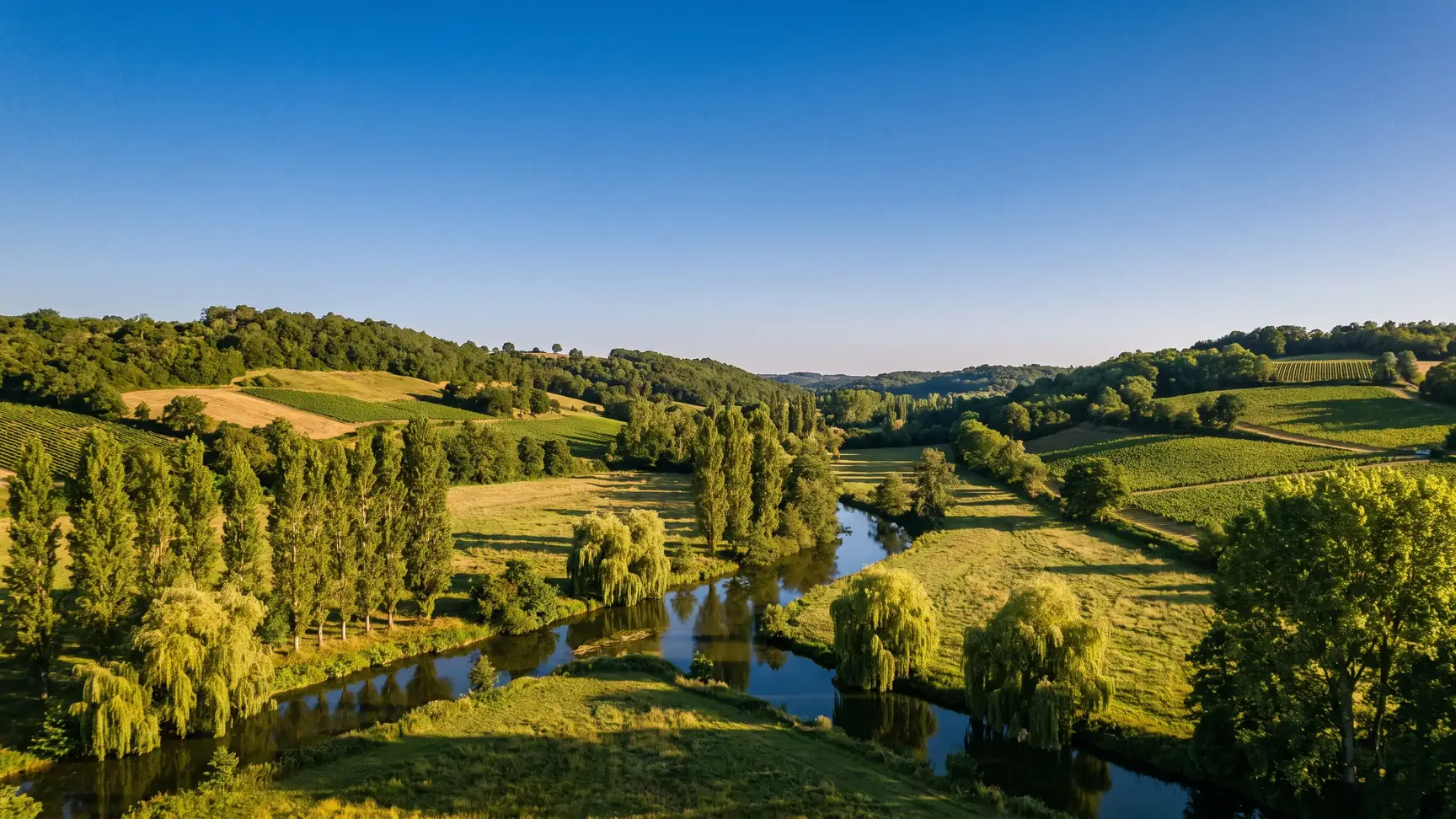 Un vallon d'un ruisseau de l'Entre-deux-Mers, prairies humides, peupliers et coteaux de vignes
