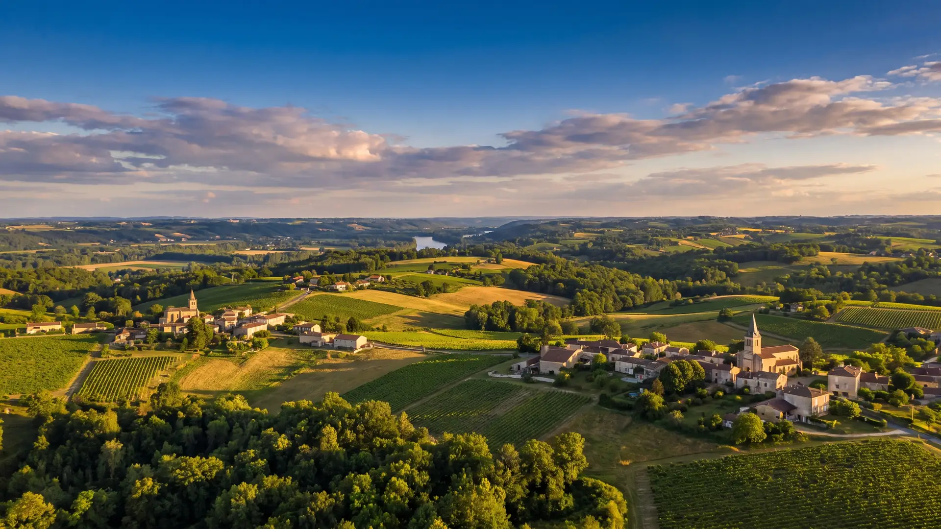 Un panorama de l'Entre-deux-Mers, vignes, champs et bois sur des collines, la vallée de la Dordogne au loin