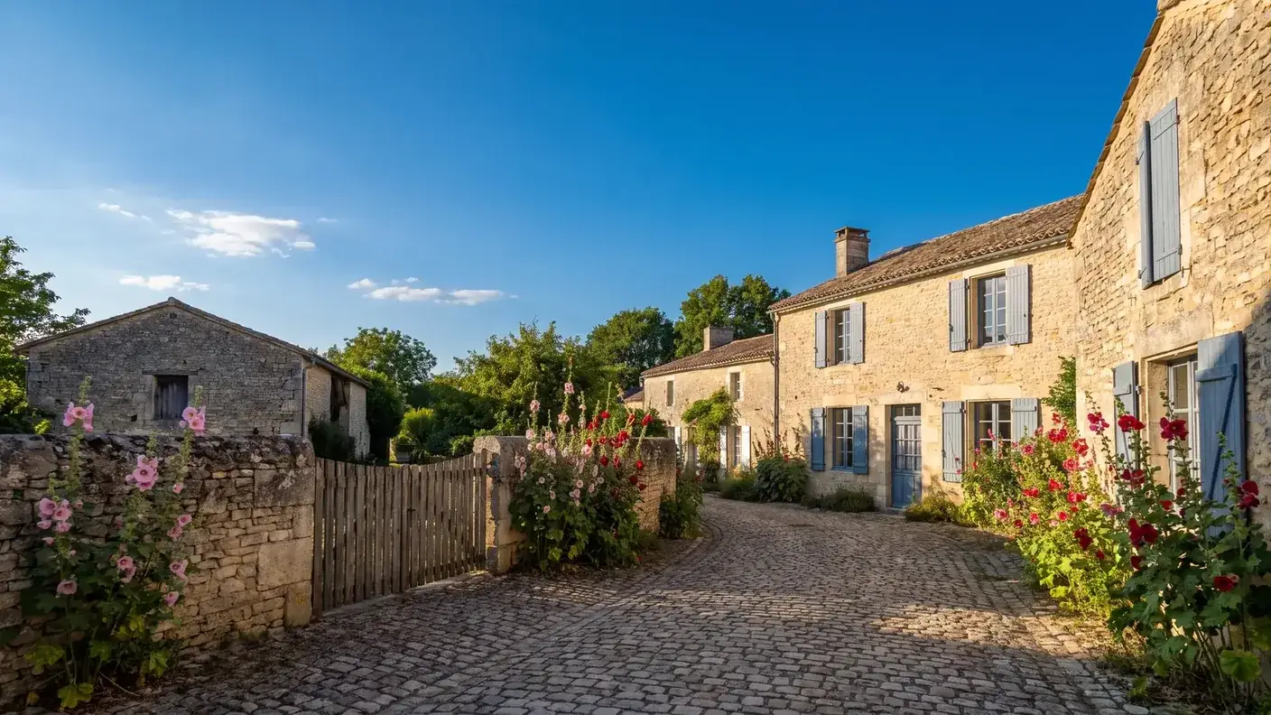 Une ruelle d'un tout petit hameau saintongeais, maisons basses en pierre calcaire à volets bleu-gris, une grange de pierre