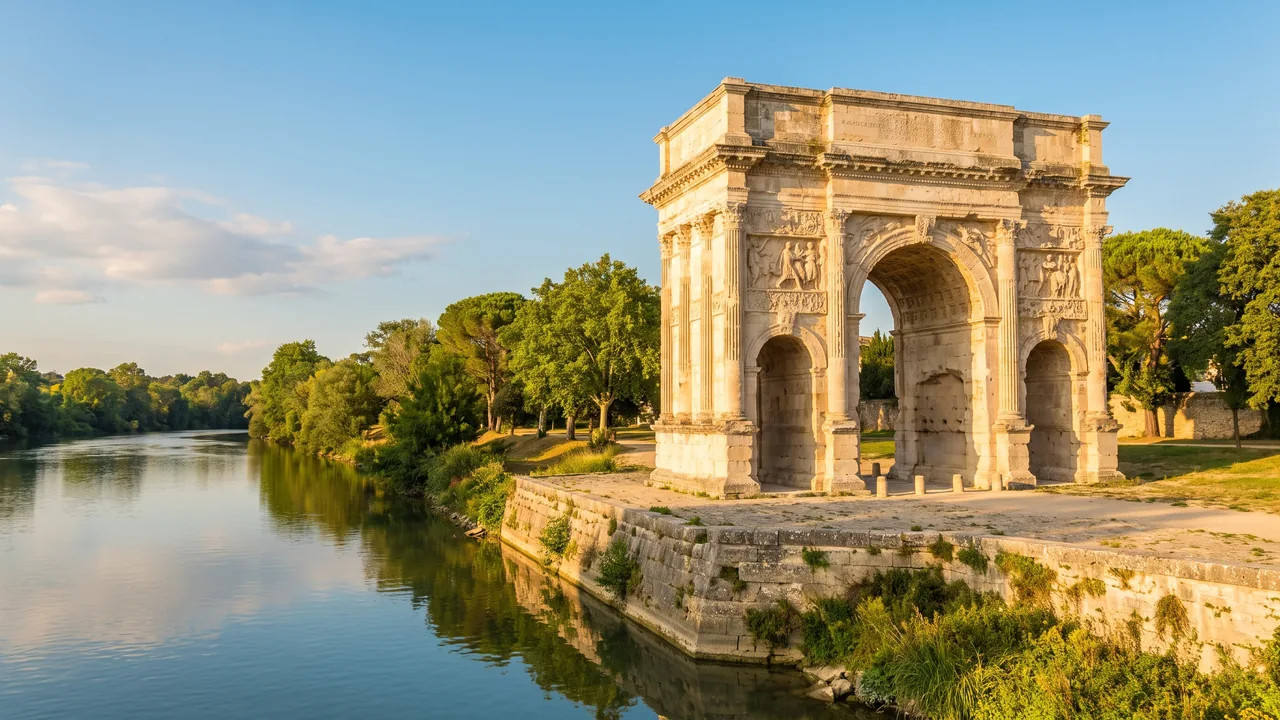 L'arc romain de Saintes en pierre claire sur un quai, deux arches et sculptures altérées
