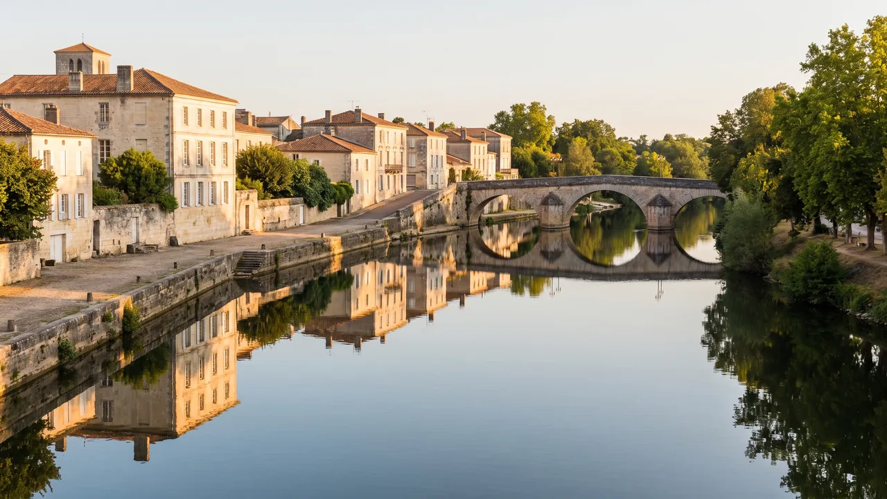 Les quais de la Charente à Saintes, maisons de pierre claire reflétées dans l'eau calme et pont en arc