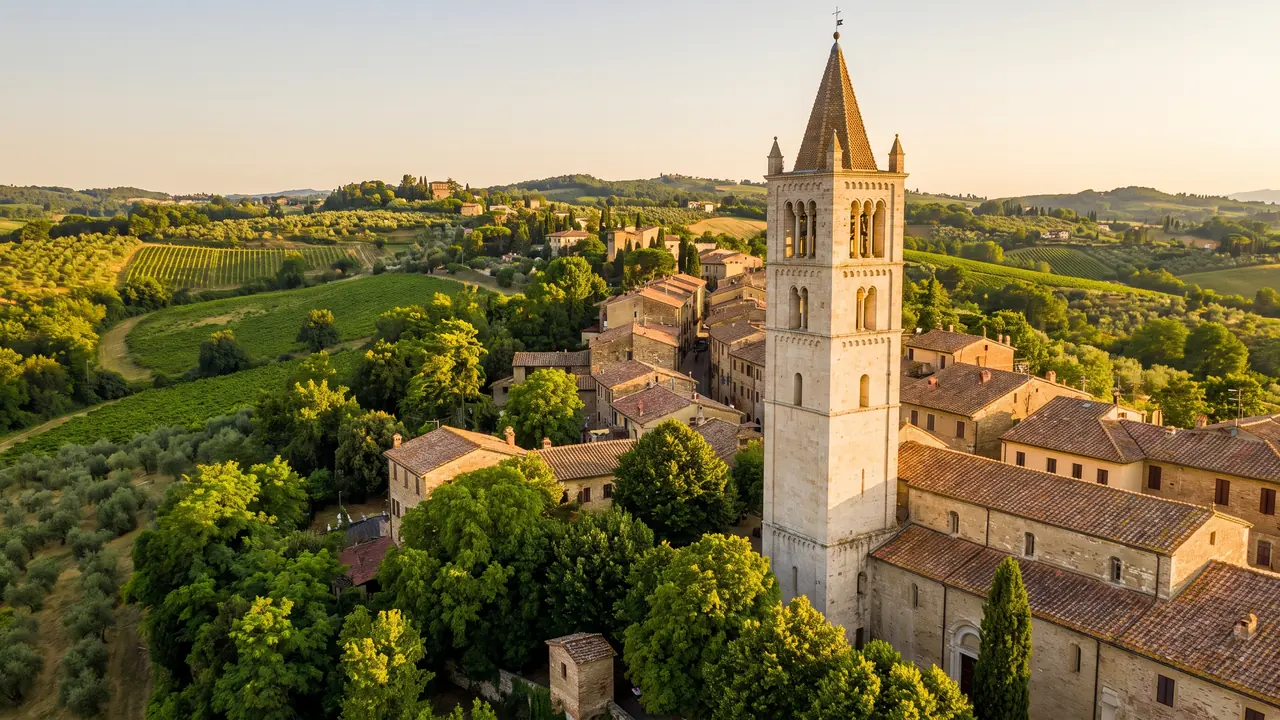 Le haut clocher de pierre de la basilique Saint-Eutrope de Saintes émergeant au-dessus des toits et des arbres