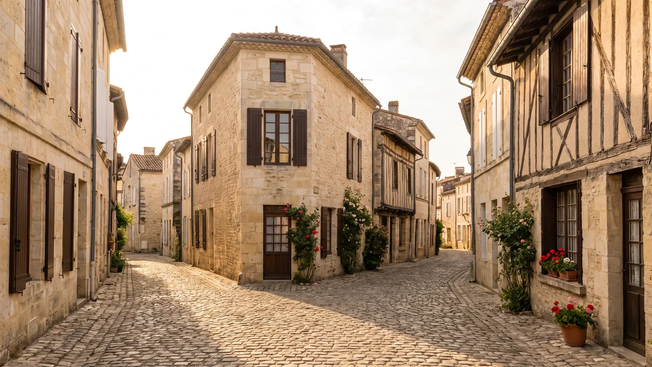 Ruelle pavée de la vieille ville de Saintes, maisons de pierre claire et quelques façades à colombages